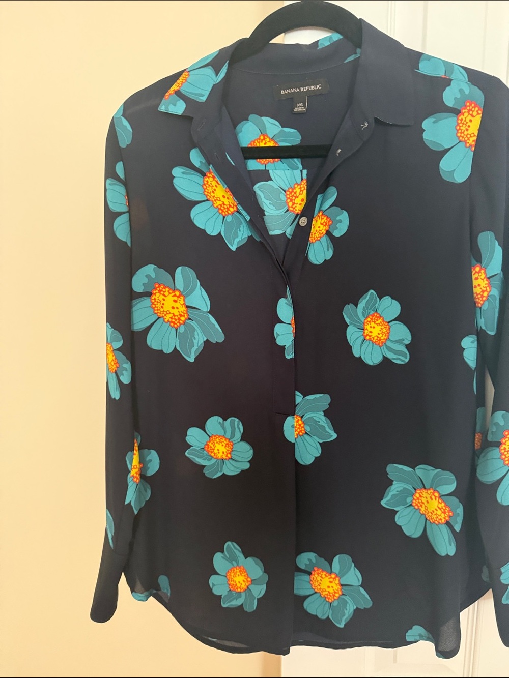 Banana Republic Black Button-Down Blouse with Teal and Yellow Floral Print